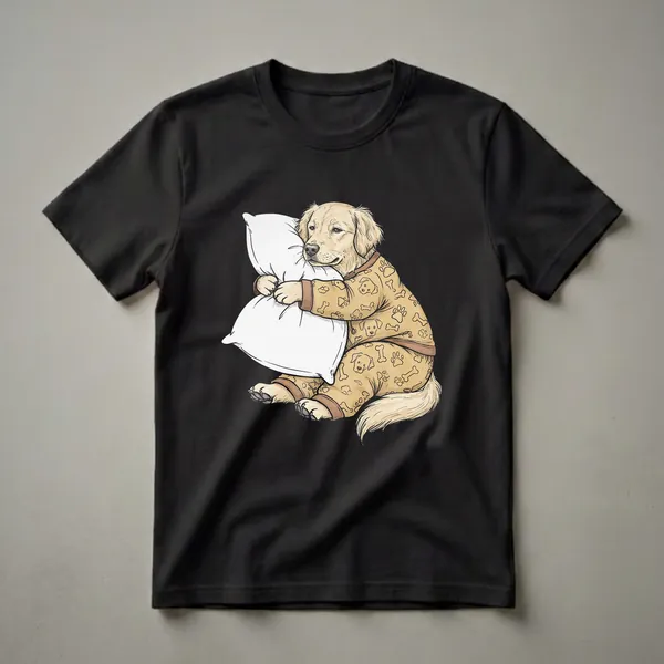 A graphic t-shirt featuring a cartoon Golden Retriever dog wearing tan pajamas with paw print and bone patterns, hugging a white pillow, with a black background.
