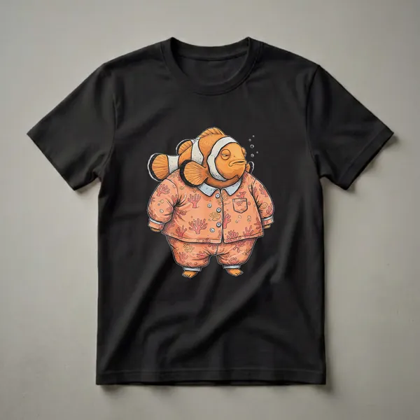 Orange and white clownfish wearing pajamas with a coral pattern and a bandage on its head, depicted with a sleepy expression and bubbles, on a black background.