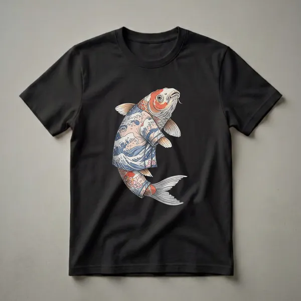 White t-shirt with a graphic of a koi fish wearing a blue and pink kimono with a wave and lotus flower pattern, set against a black background.