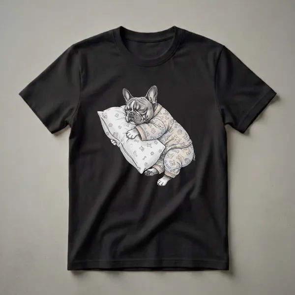 A graphic t-shirt featuring a hand-drawn illustration of a grey French Bulldog wearing light blue pajamas with a pattern of dog faces and paw prints, sleeping soundly on a white pillow.