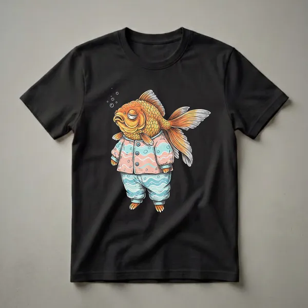 A graphic t-shirt featuring a cartoon goldfish wearing blue and pink pajamas, with bubbles rising from its mouth, on a black background.