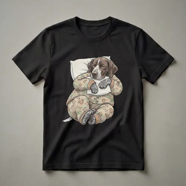 A brown and white German Shorthaired Pointer dog wearing pajamas and sleeping on a pillow, depicted on a light tan t-shirt with a pattern of paw prints and bones.