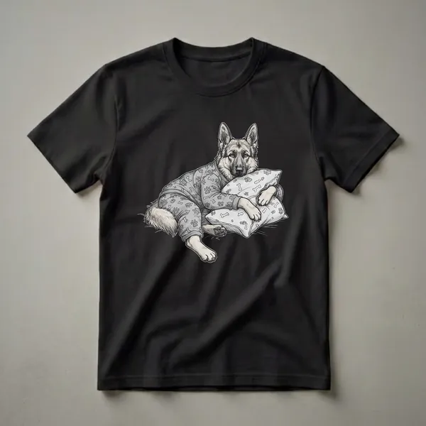 Black and white graphic t-shirt featuring a German Shepherd dog wearing grey pajamas with paw print and bone patterns, resting its head on a pillow.