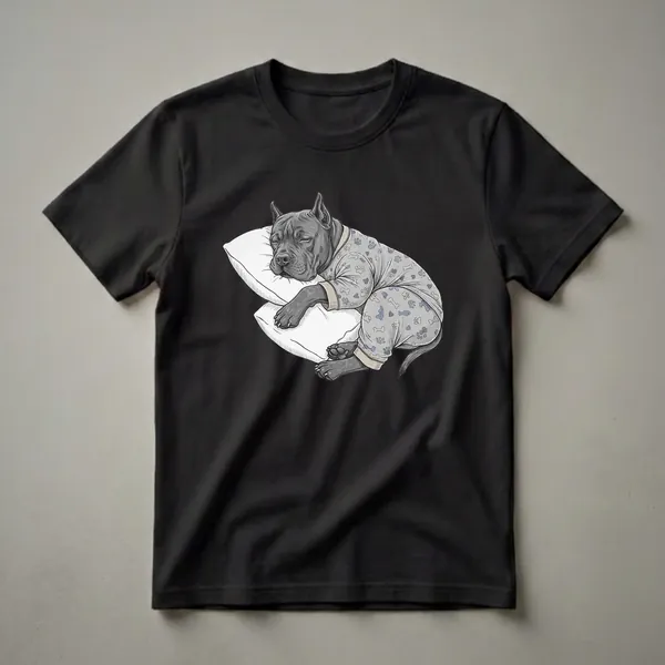 A dark grey Cane Corso dog wearing light grey pajamas with paw print and bone patterns sleeps peacefully on two white pillows.