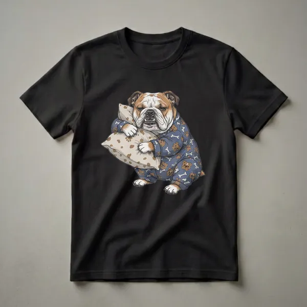 Blue graphic t-shirt featuring a cartoon English Bulldog wearing blue pajamas with paw print and bone patterns, hugging a pillow and looking sleepy.