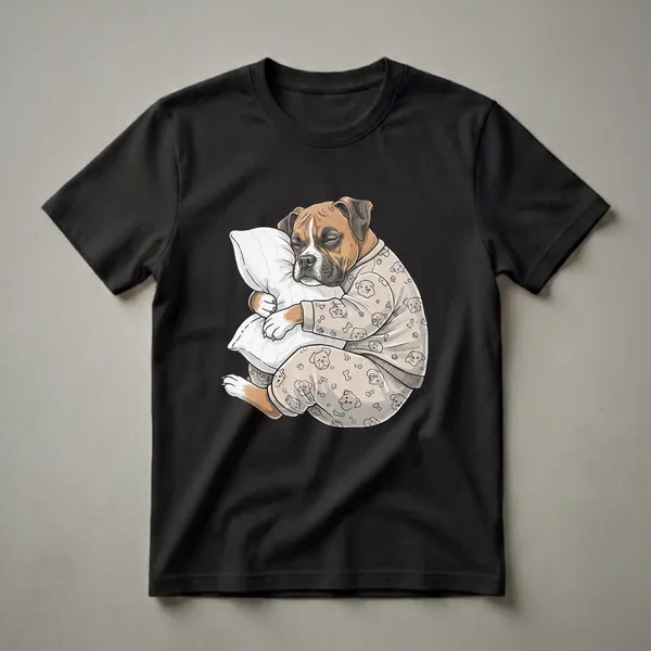 Light beige t-shirt with a graphic of a boxer dog wearing pajamas and sleeping while hugging a pillow, set against a black background.