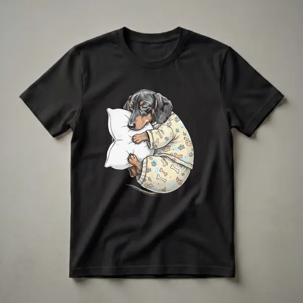 A black and tan dachshund dog wearing yellow pajamas with paw prints and bones, sleeping soundly while hugging a white pillow. The background is black.