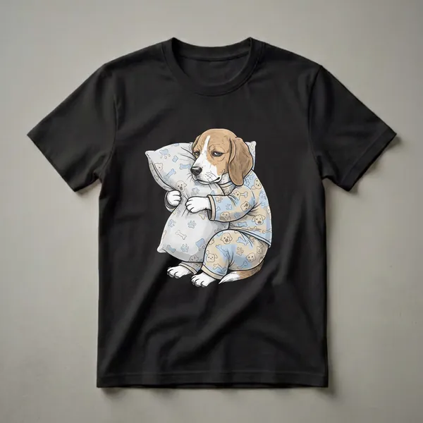 A graphic t-shirt featuring a cartoon beagle dog wearing blue pajamas with paw print and bone patterns, hugging a pillow with a sleepy expression.