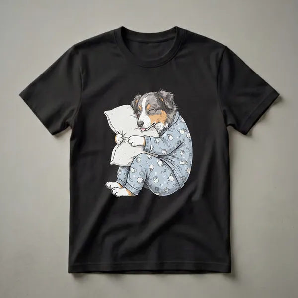 Light blue t-shirt featuring a cartoon illustration of a sleeping Australian Shepherd dog wearing pajamas with sheep and bone patterns, hugging a pillow.