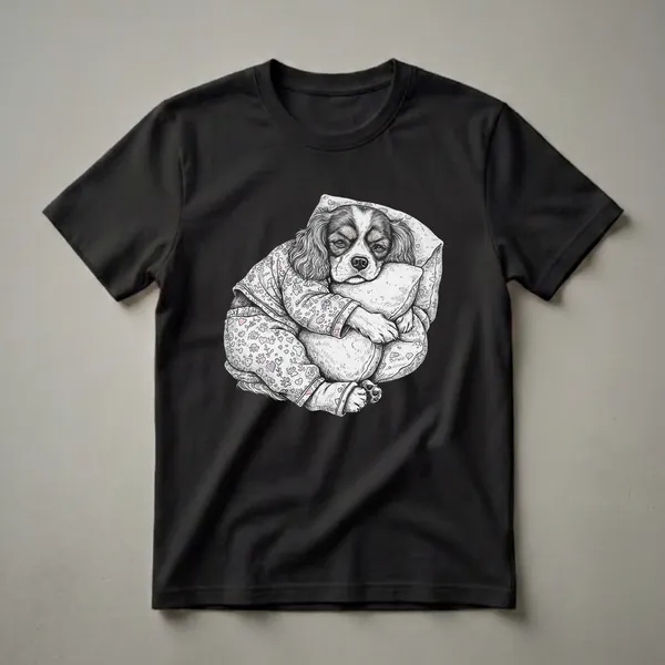 A black and white sketch of a Cavalier King Charles Spaniel dog wearing pajamas and hugging a pillow, on a black background.