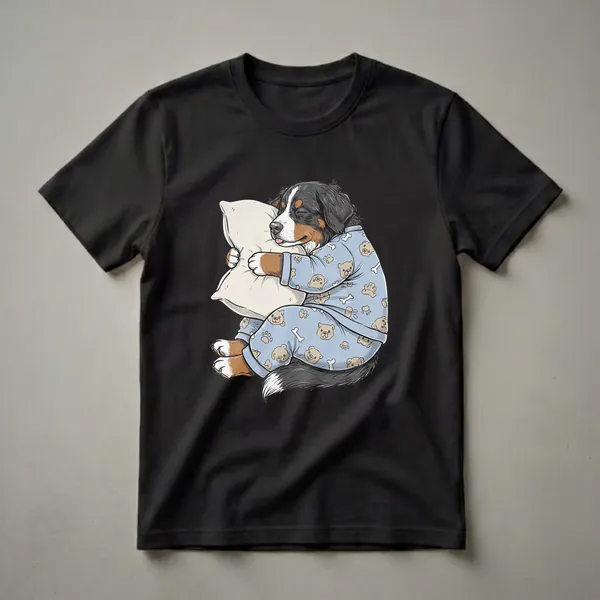 Blue graphic t-shirt featuring a cartoon Bernese Mountain Dog wearing blue pajamas with teddy bear and bone patterns, sleeping and hugging a pillow.