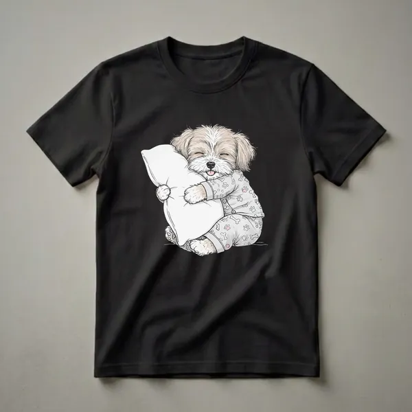 A graphic t-shirt featuring a light brown and white Havanese dog wearing grey pajamas with paw print and bone patterns, sleeping and hugging a white pillow.