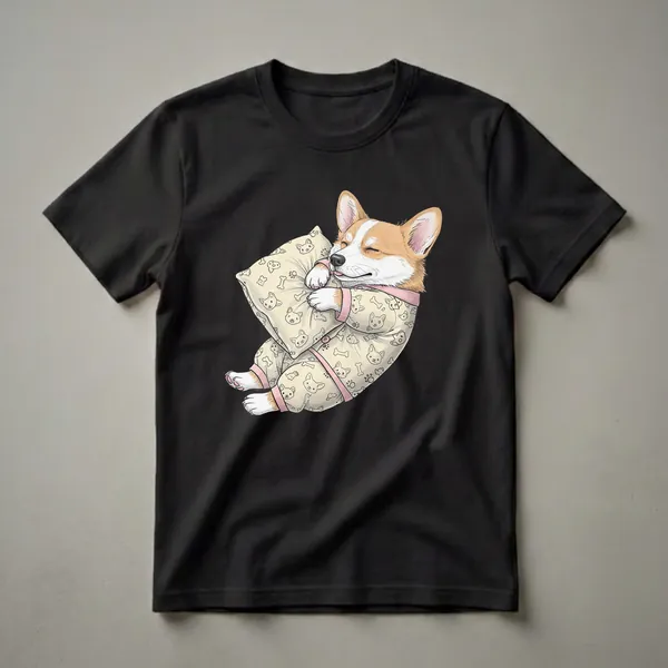 Cream colored t-shirt featuring a cartoon illustration of a sleepy Pembroke Welsh Corgi dog wearing pajamas and resting on a pillow, with a pattern of dog faces and bones on the pajamas.
