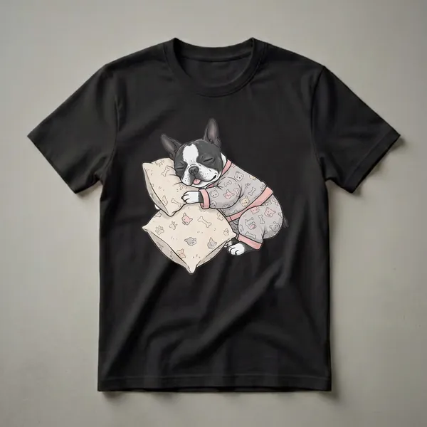 Grey graphic t-shirt featuring a cartoon Boston Terrier wearing pajamas and sleeping on pillows, with a pattern of cats and bones on the pajamas and pillows.