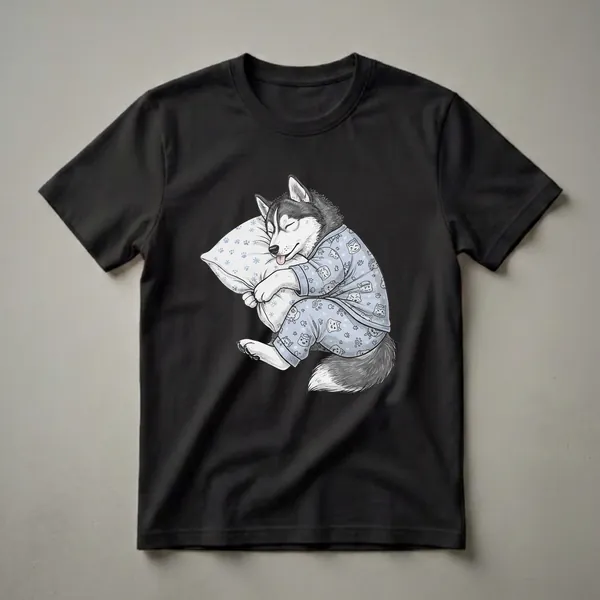 Light blue graphic t-shirt featuring a black and white Siberian Husky dog wearing pajamas and sleeping on a pillow, with its tongue sticking out.