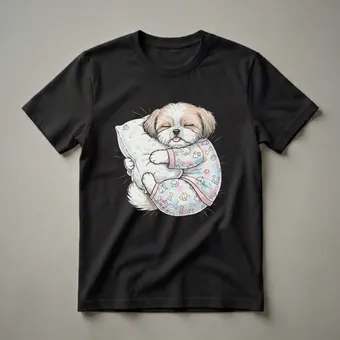 Sleepy Shih Tzu Dog Hugging Pillow Pajama Graphic T-Shirt