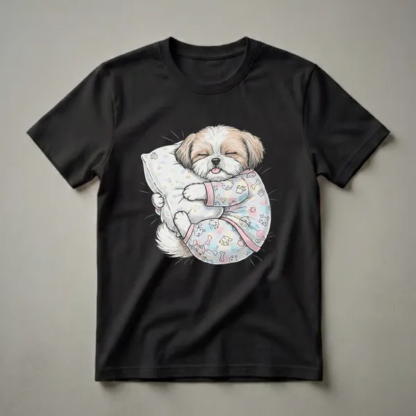 White and tan Shih Tzu dog wearing blue pajamas with paw print and bone pattern, sleeping and hugging a pillow, on a black background.