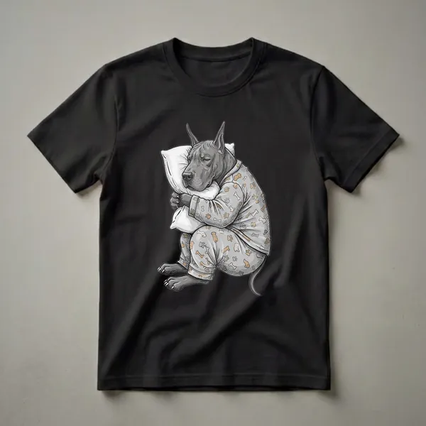 A graphic t-shirt featuring a hand-drawn illustration of a grey Great Dane dog wearing grey pajamas with a bone and paw print pattern, sleeping soundly while hugging a white pillow.