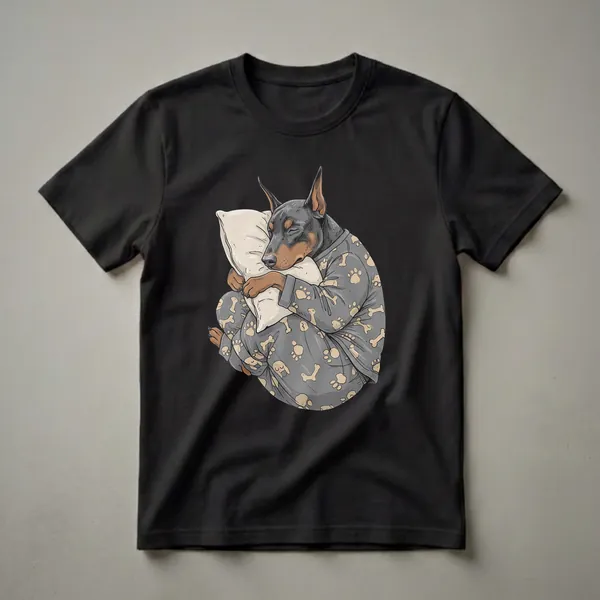 Grey t-shirt with a graphic of a Doberman Pinscher dog wearing grey pajamas with paw print and bone patterns, sleeping soundly on a cream-colored pillow.