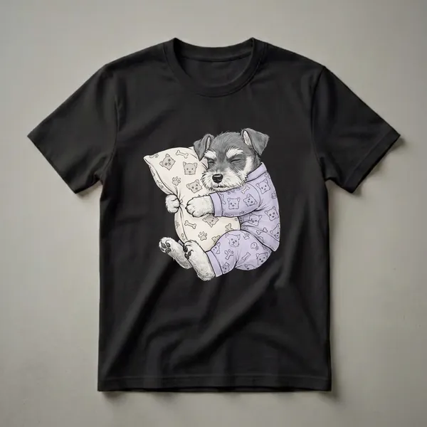 A graphic t-shirt featuring a lavender pajama-clad Miniature Schnauzer puppy sleeping soundly on a pillow with a pattern of dog faces and bones.