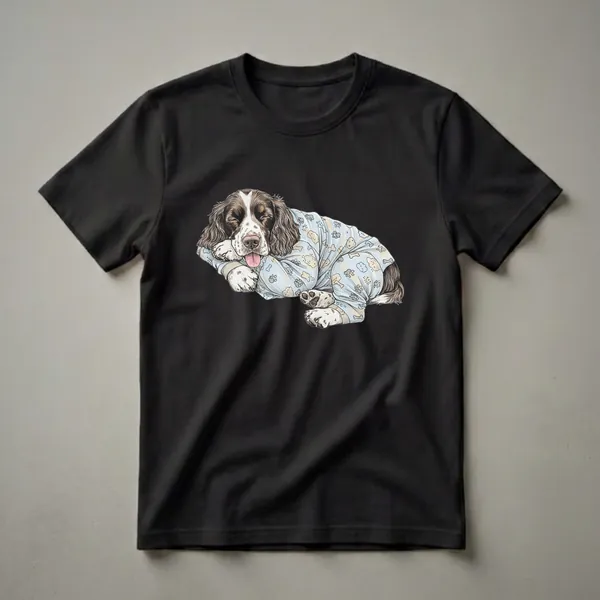 Light blue graphic t-shirt featuring a detailed illustration of a brown and white English Springer Spaniel dog sleeping soundly while wearing light blue pajamas with cloud and paw print patterns.