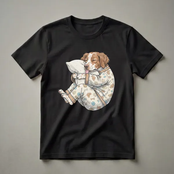 Cream colored t-shirt with a graphic of a brown and white Brittany Spaniel dog wearing pajamas and hugging a pillow, with its tongue sticking out.