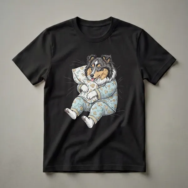 A graphic t-shirt featuring a cartoon illustration of a tri-color Shetland Sheepdog wearing light blue pajamas with a pattern of puppies and bones, sleeping on a pillow.