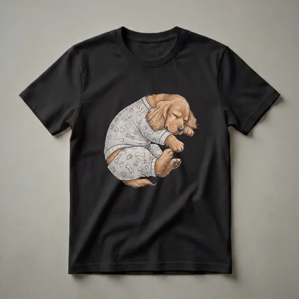 A light grey t-shirt featuring a cartoon illustration of a brown Cocker Spaniel dog sleeping soundly while wearing pajamas with a bone and paw print pattern.