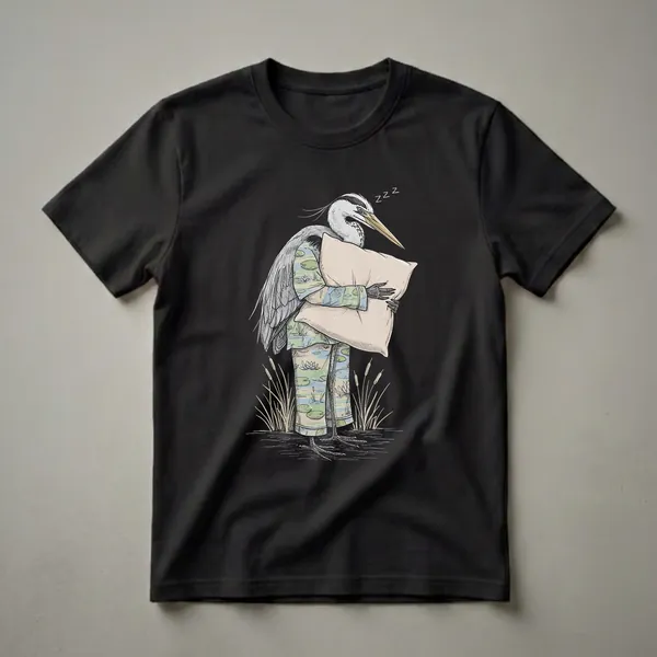 Black t-shirt featuring a hand-drawn illustration of a grey heron wearing blue and green patterned pajamas, holding a beige pillow, with 'ZZZ' above its head, standing amongst reeds.