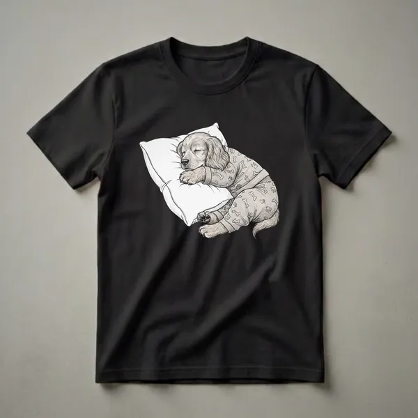 Light grey t-shirt with a sketch-style illustration of a sleeping English Cocker Spaniel puppy wearing pajamas with bone and paw print patterns, resting on a white pillow.