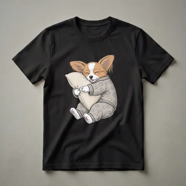 A graphic t-shirt featuring a cartoon Papillon dog wearing grey pajamas with paw print and bone patterns, hugging a beige pillow with its eyes closed and tongue sticking out.