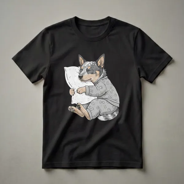 Grey t-shirt featuring a hand-drawn illustration of a sleeping Australian Cattle Dog wearing grey pajamas with paw and bone prints, hugging a white pillow.