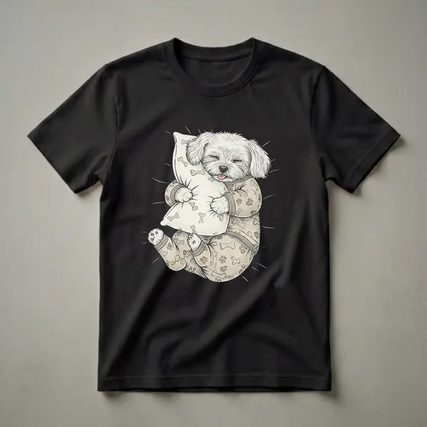 A graphic t-shirt featuring a black and white illustration of a sleepy white Maltese dog wearing pajamas and hugging a bone-patterned pillow, set against a black background.