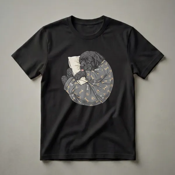 Dark grey t-shirt featuring a black Newfoundland puppy sleeping on a pillow, wearing pajamas with a bone and paw print pattern.