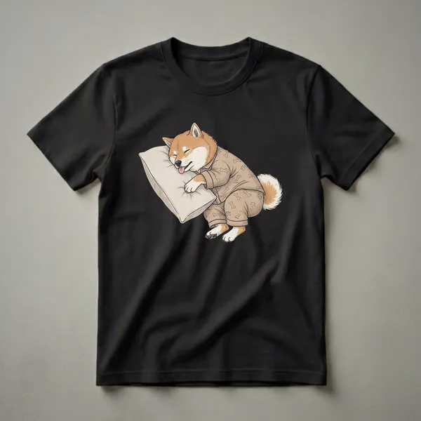 A tan and white Shiba Inu dog wearing brown pajamas with bone and paw print patterns sleeps soundly on a light beige pillow, depicted in a cartoon art style.