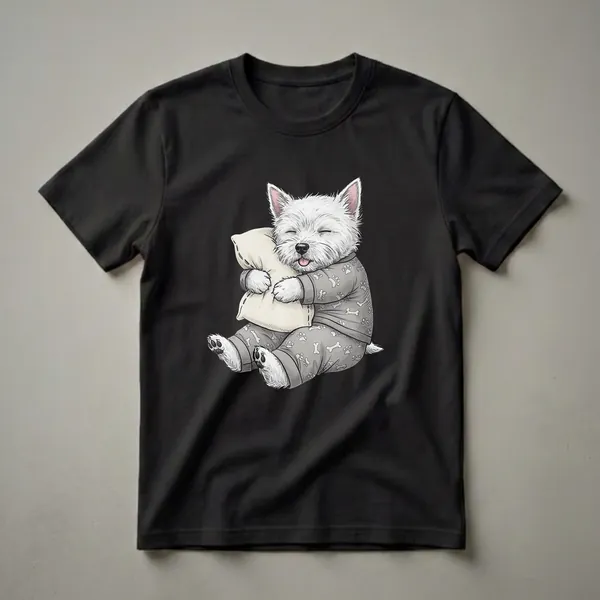 Grey t-shirt featuring a cartoon illustration of a sleepy West Highland White Terrier dog wearing grey pajamas with paw print and bone patterns, hugging a pillow.