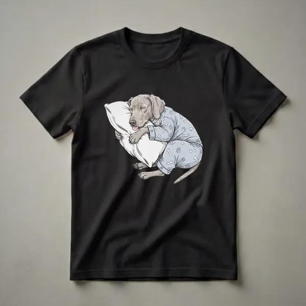Light blue t-shirt featuring a sketch of a grey Weimaraner dog wearing blue pajamas with bone and paw print patterns, sleeping soundly on a white pillow.