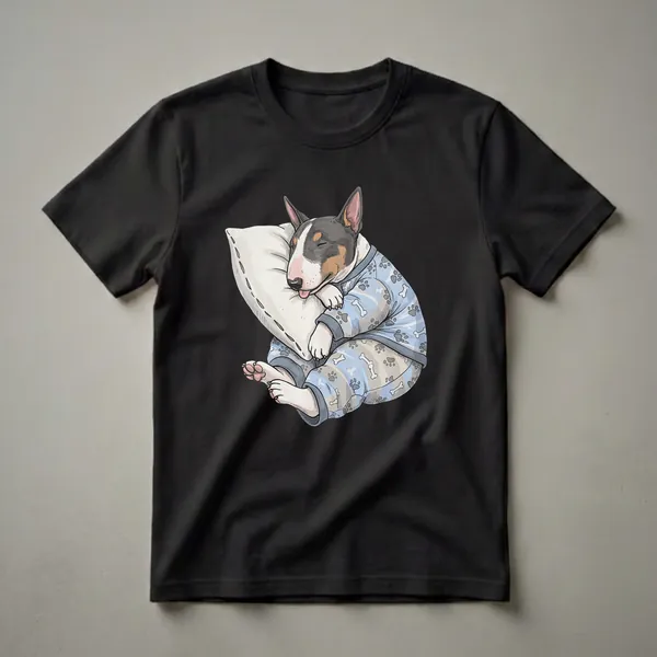 A graphic t-shirt featuring a cartoon illustration of a tri-color Bull Terrier dog sleeping peacefully on a white pillow, wearing blue pajamas with paw print and bone patterns.