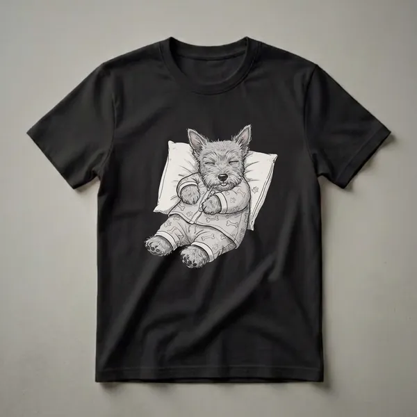 Grey Scottish Terrier dog wearing pajamas with paw prints and bones, sleeping peacefully on a light-colored pillow, black background.