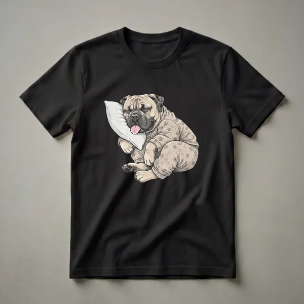 A tan Bullmastiff dog wearing pajama pants with paw print and bone patterns sleeps soundly on a white pillow, showcased on a black background.