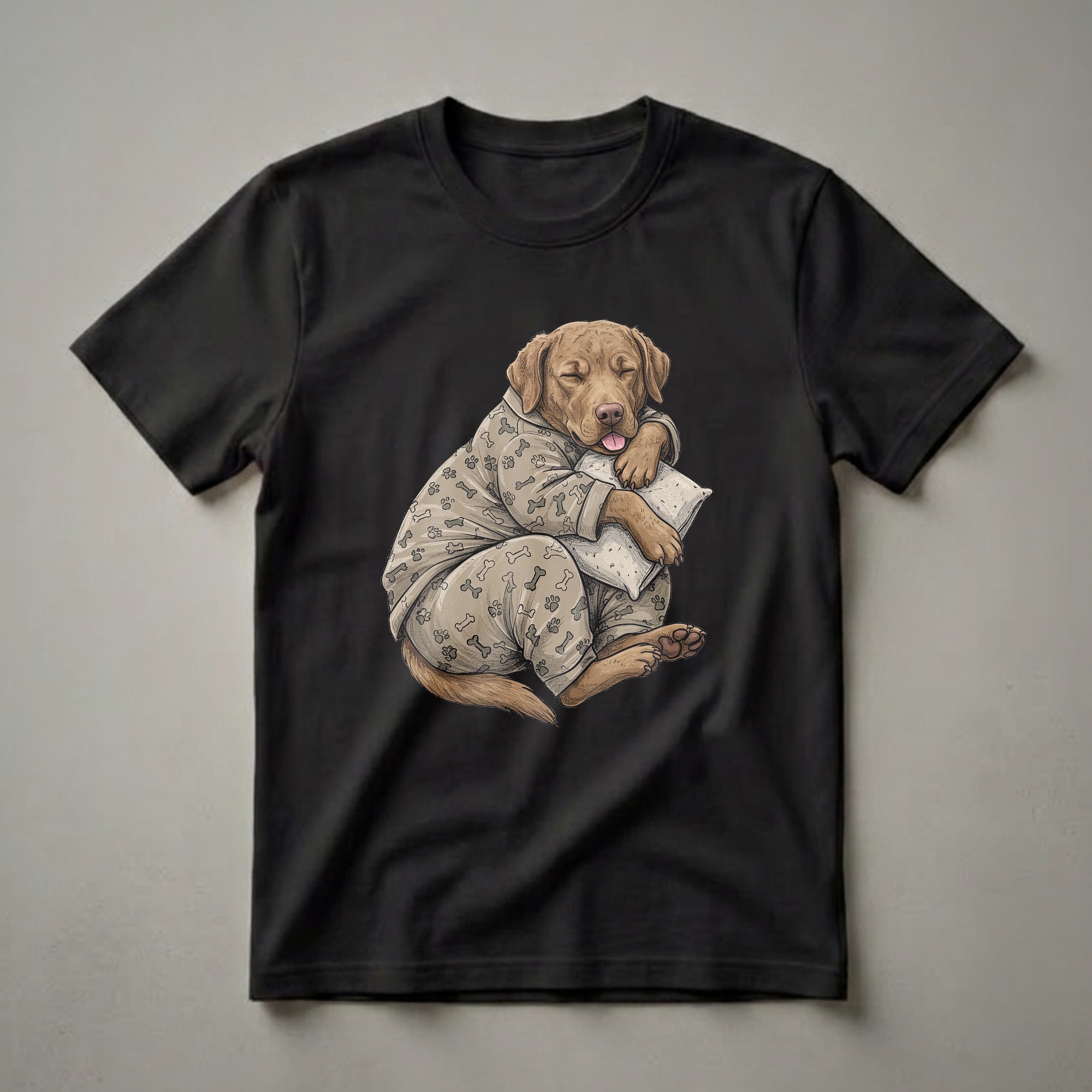 Brown Chesapeake Bay Retriever dog illustration wearing tan pajamas with paw prints and bones, sleeping peacefully with a pillow on a black background.
