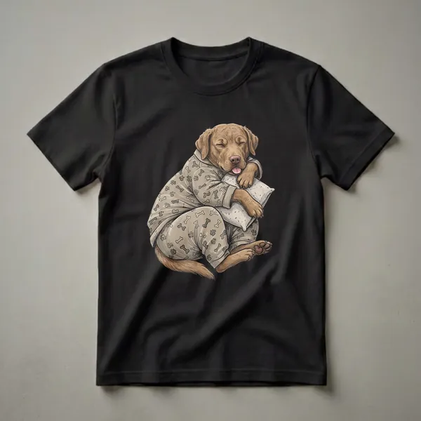Brown Chesapeake Bay Retriever dog illustration wearing tan pajamas with paw prints and bones, sleeping peacefully with a pillow on a black background.
