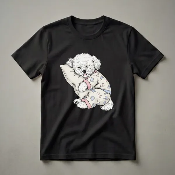 A white Bichon Frise dog wearing pajamas with paw prints and bones sleeps soundly on a pillow, depicted in a cartoon illustration style.