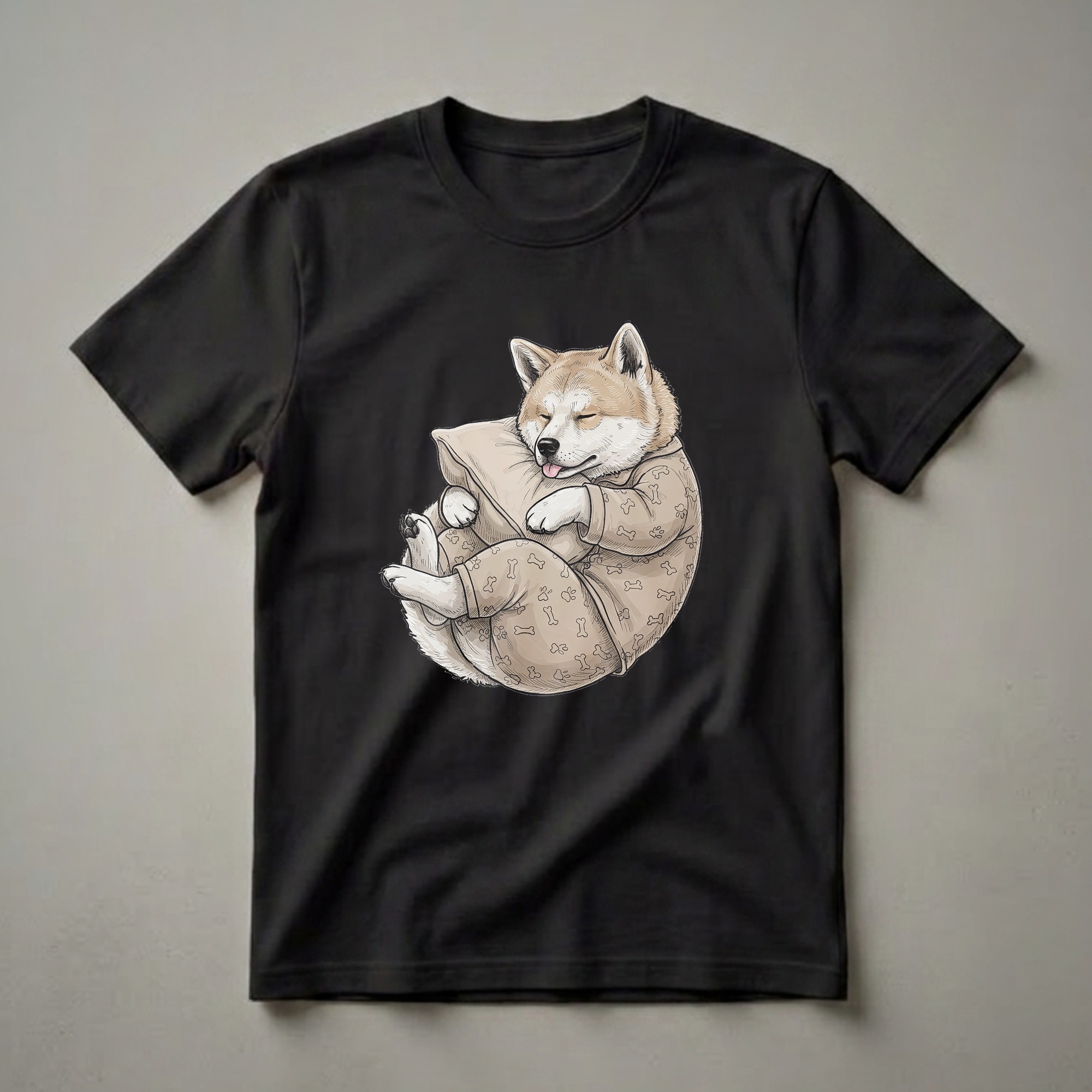 A graphic t-shirt featuring a light brown and white Akita dog sleeping soundly on a pillow, wearing tan pajamas with a bone pattern. The dog's eyes are closed and its tongue is slightly sticking out.