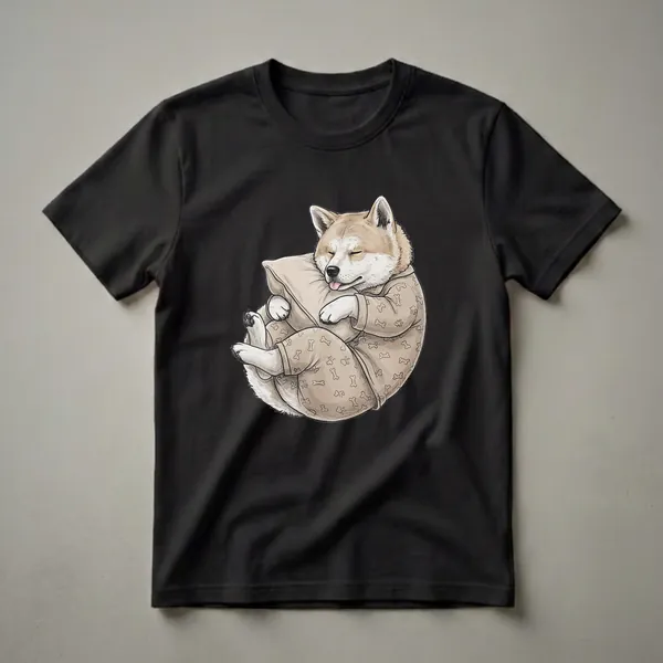 A graphic t-shirt featuring a light brown and white Akita dog sleeping soundly on a pillow, wearing tan pajamas with a bone pattern. The dog's eyes are closed and its tongue is slightly sticking out.