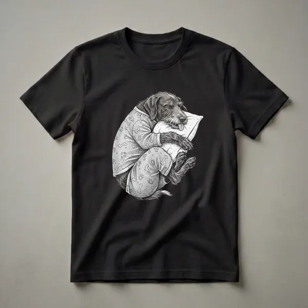 Black and white illustration of a German Wirehaired Pointer dog wearing pajamas with bone and paw print patterns, sleeping on a pillow.