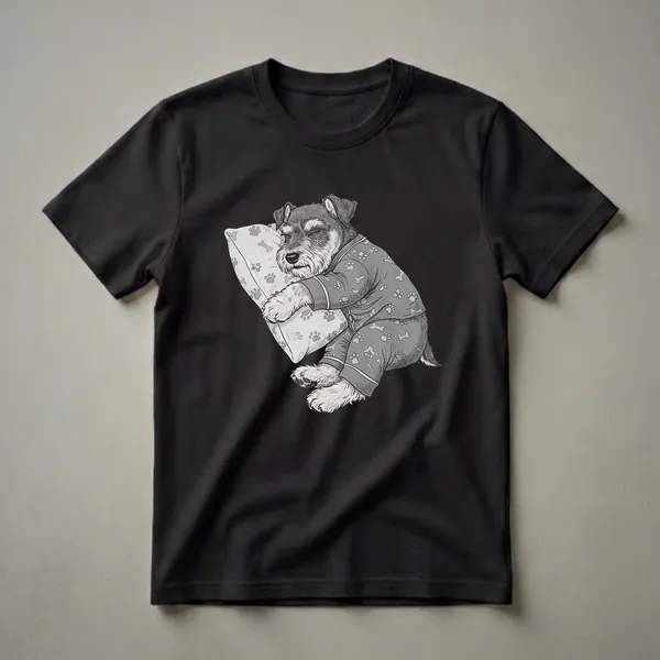 Black and white graphic t-shirt featuring a sleepy Giant Schnauzer puppy wearing pajamas and resting its head on a pillow with paw print and bone patterns.