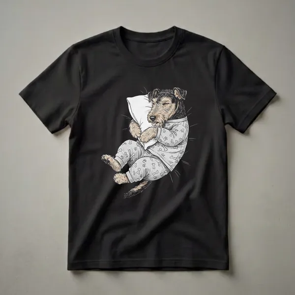 A black t-shirt featuring a whimsical illustration of a sleepy Airedale Terrier dog wearing gray pajamas with paw prints and bones, holding a white pillow.