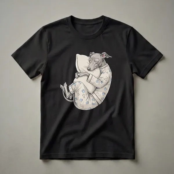 A light-colored t-shirt featuring an illustration of a grey Italian Greyhound dog sleeping peacefully while hugging a pillow, wearing pajamas with paw print and bone patterns.