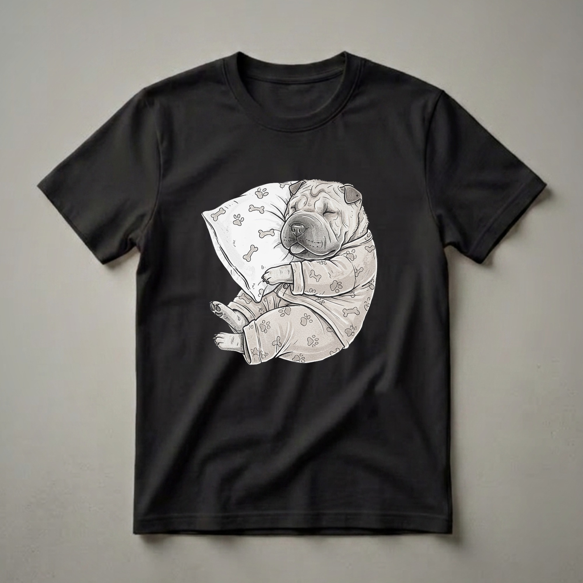 A graphic t-shirt featuring a light-colored, sleeping Chinese Shar Pei dog wearing pajamas with a pattern of paw prints and bones, resting on a matching pillow.